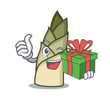 Maskot karikatür hediye bambu ile ateş