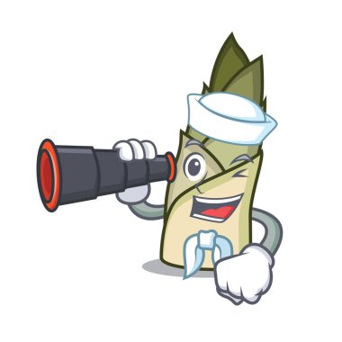 Denizci dürbün bambu sürgün maskot karikatür ile