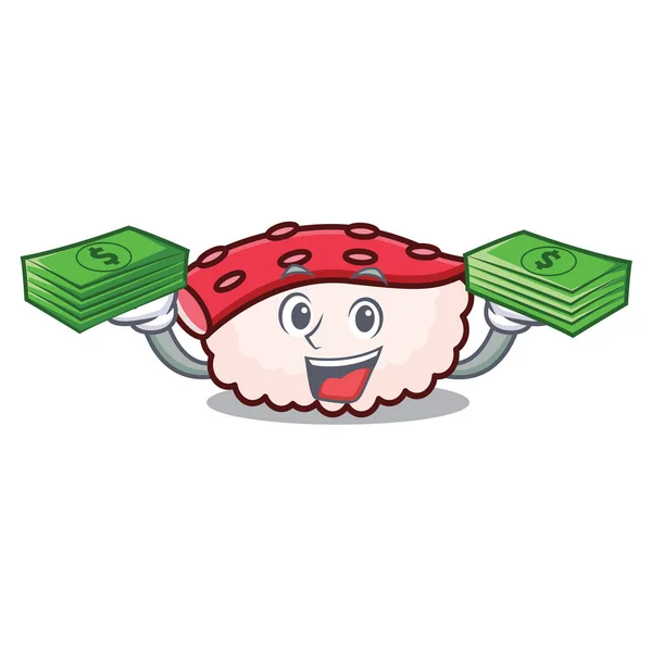 Com dinheiro tako sushi mascote desenhos animados — Vetor de Stock