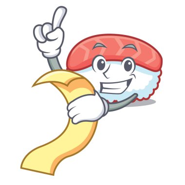 Menü suşi somon maskot karikatür ile