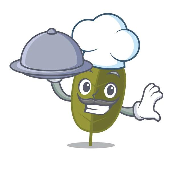 Chef con comida de hoja de laurel mascota de dibujos animados — Vector de stock
