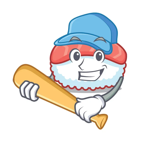 Jogando beisebol sushi salmão personagem desenhos animados — Vetor de Stock
