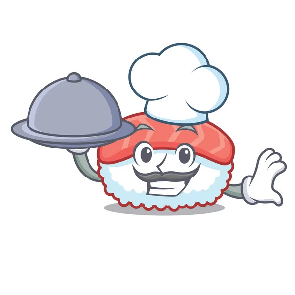 Chef com comida sushi salmão mascote desenhos animados — Vetor de Stock