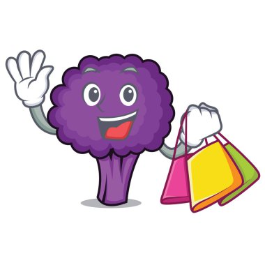 Mor brokoli karakter karikatür alışveriş