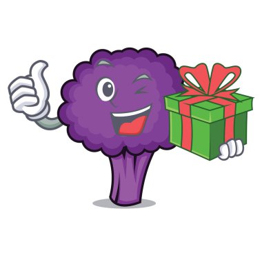 Hediye mor brokoli maskot karikatür ile