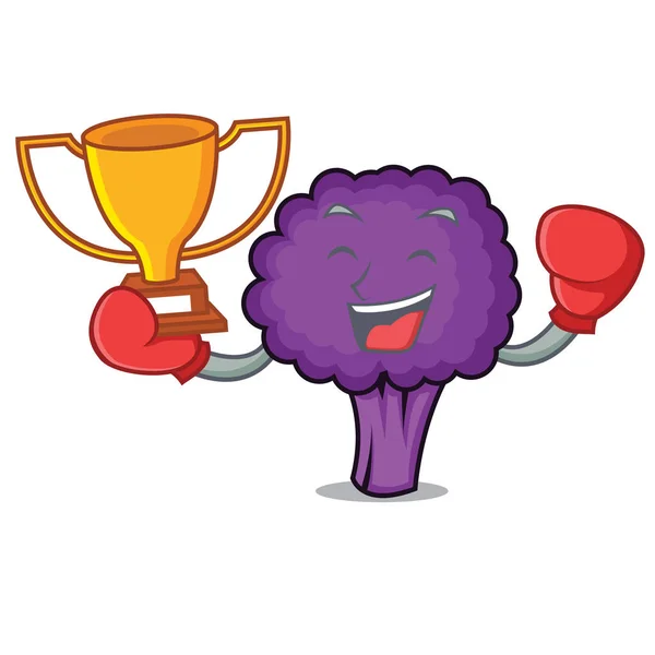 Tinju pemenang brokoli ungu maskot kartun - Stok Vektor
