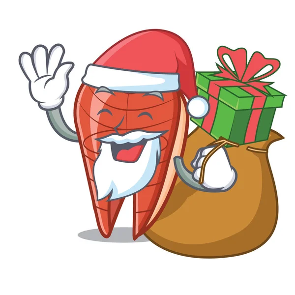 Papai Noel com presente peixe fatia mascote cartoon — Vetor de Stock