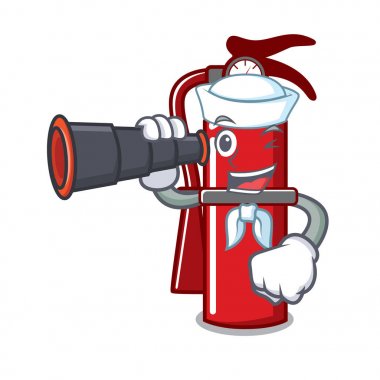 Denizci dürbün yangın söndürücü maskot karikatür vektör çizim ile