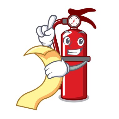 Menü yangın söndürücü maskot karikatür vektör çizim ile