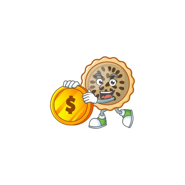 Mascote de torta de noz pecã com trazer moeda no fundo branco — Vetor de Stock