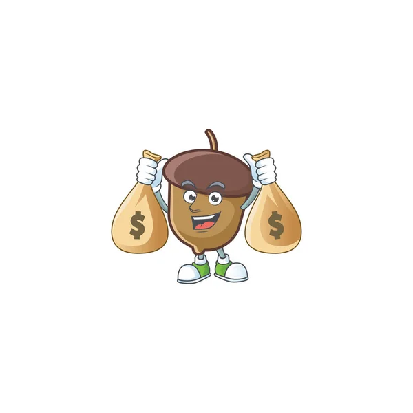 Semence de glands de dessin animé avec sac d'argent tenant forme de caractère — Image vectorielle