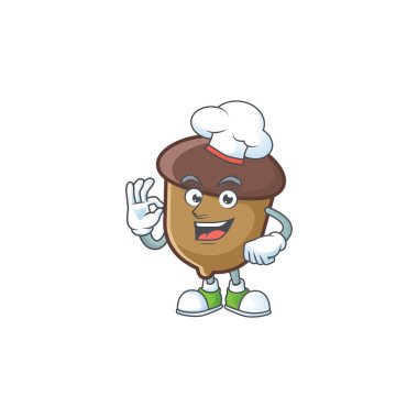 Beyaz arka planda şef olan meşe palamudu maskotu.