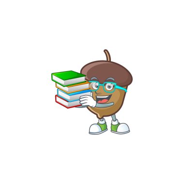 Karakter öğrencisiyle meşe palamudu çizgi film tasarımı için kitap getiriyor.