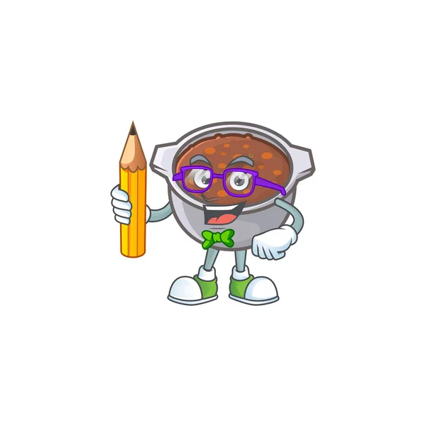 dish baked beans with cartoon student holding pencil mascot