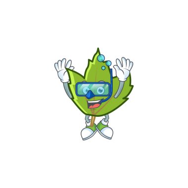 Çizgi film yeşil sonbahar yaprakları maskot dalışı tasarımı.