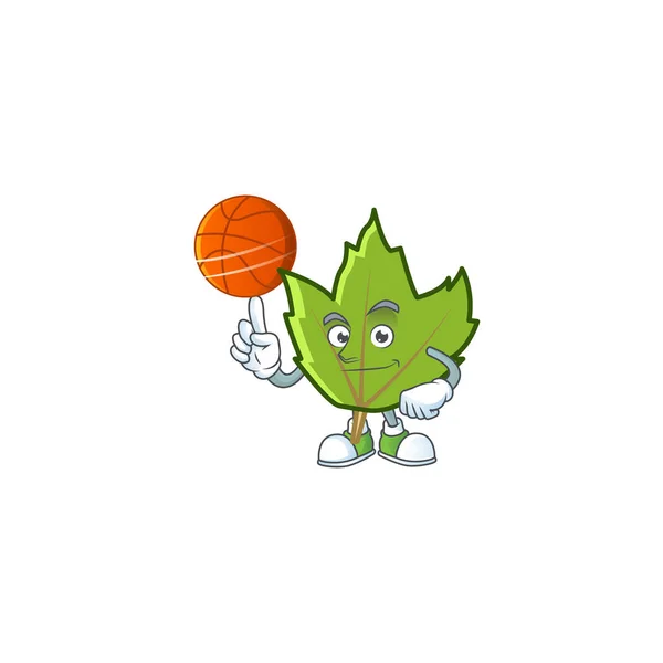 Folhas de outono verde bonito em caráter segurando basquete . — Vetor de Stock