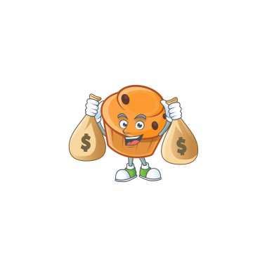 Elinde para çantası olan çörek maskotu çizgi film karakteri.