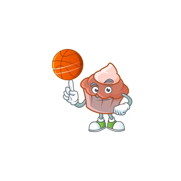 Brioche de desenhos animados com creme com segurando personagem de basquete — Vetor de Stock