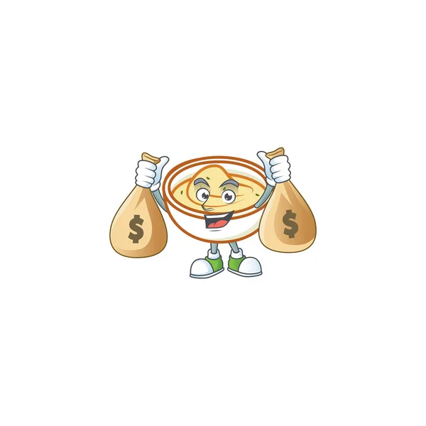 Purê de batatas personagem dos desenhos animados com mascote segurando saco de dinheiro . — Vetor de Stock