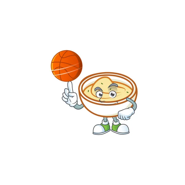 Mashed potatoes cartoon character with mascot holding basketball. — Stock Vector