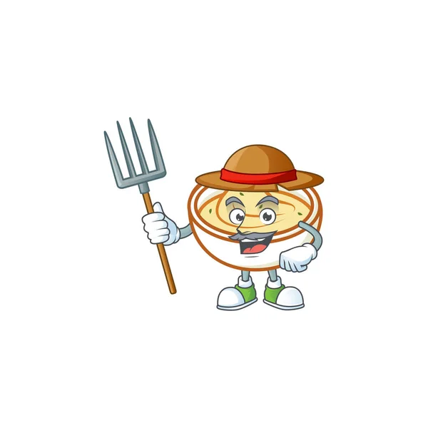 Purê de batatas personagem dos desenhos animados com mascote agricultor . — Vetor de Stock