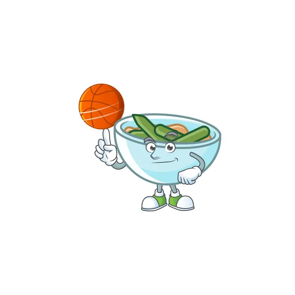 Caçarola de feijão verde em tigela segurando mascote de basquete . — Vetor de Stock