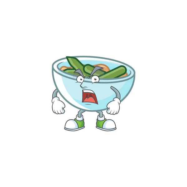 Caçarola de feijão verde no fundo branco com mascote irritado — Vetor de Stock