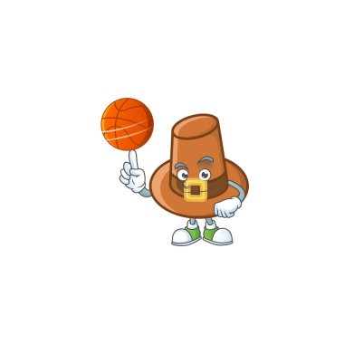 Kahverengi hacı şapkası ve elinde basketbol topu olan çizgi film..