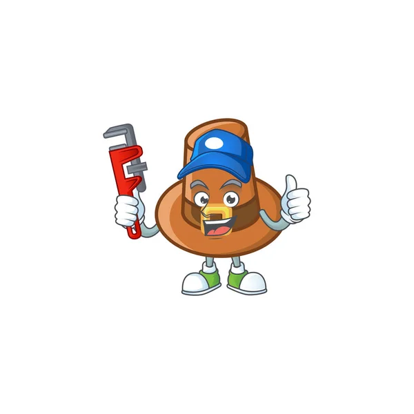 Brown chapéu de peregrino desenhos animados com encanador mascote —  Vetores de Stock