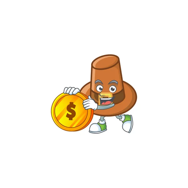 Brown chapéu de peregrino desenhos animados com mascote trazer moeda — Vetor de Stock