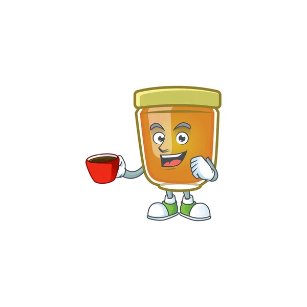 Mel na mascote bebendo na xícara no fundo branco —  Vetores de Stock