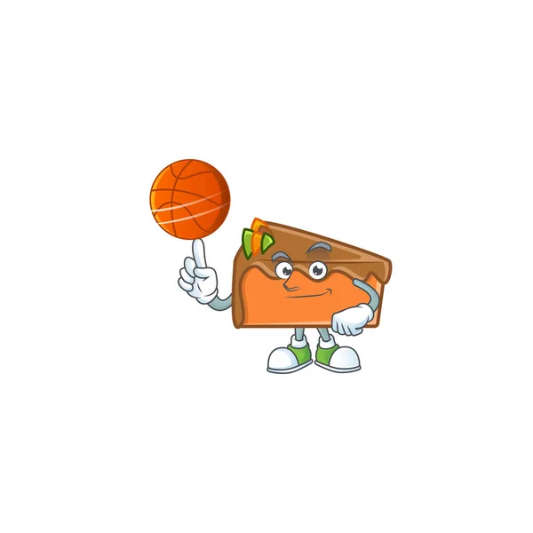 Chocolate de bolo de fatia com a mascote segurando basquete . — Vetor de Stock