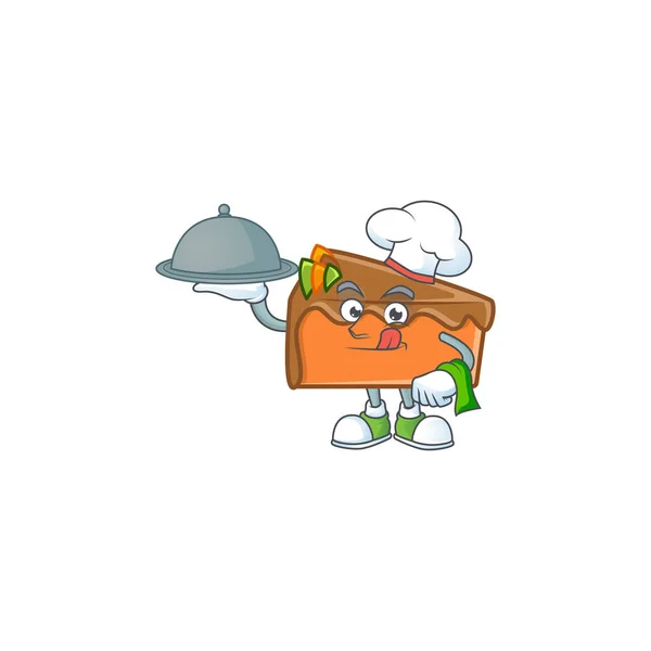 Pastel de rebanada en el personaje de dibujos animados chef sosteniendo la comida . — Vector de stock