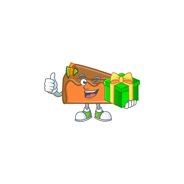 Trancher le gâteau dans le personnage de dessin animé tenant cadeau . — Image vectorielle
