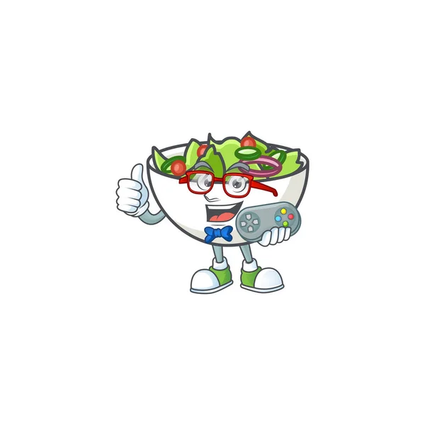 Delicious salad of the holding gamer cartoon character — Stock Vector