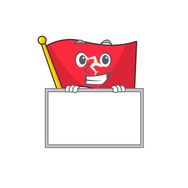 Maskotun bayrak adasıyla sırıtarak.