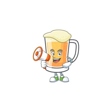 Elinde megafon maskotu olan sevimli bir kupa bira..