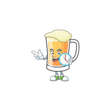 Yanında saat karakteri olan bir kupa bira.