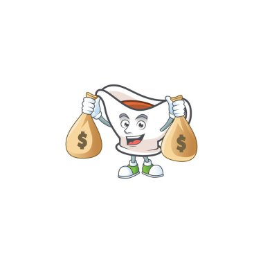 Maskotu para çantası taşıyan soslu bir çizgi film karakteri..