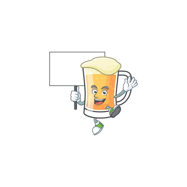 Leuke beker bier met bordmascotte. — Stockvector