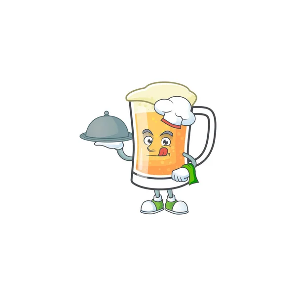 Hrnek s alkoholem v šéfkuchaři drží jídlo karikatury — Stockový vektor