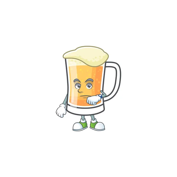 Desenhos animados uma caneca de cerveja mascote de espera . — Vetor de Stock