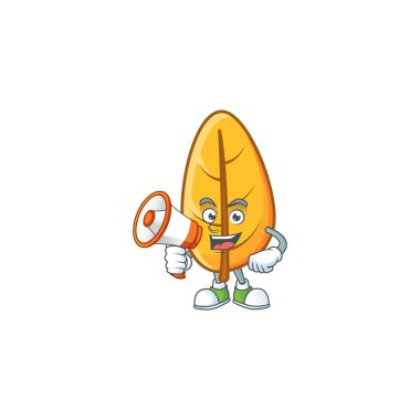 Sarı sonbahar yapraklı megafonlu bir maskot.