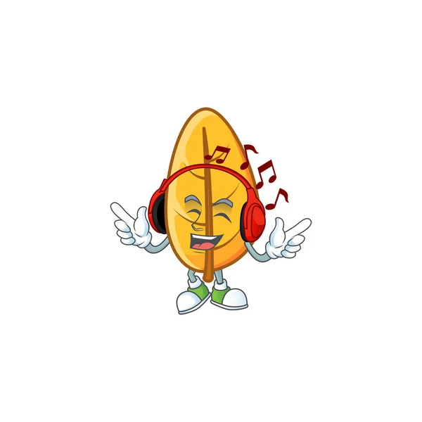 Listening music mascot on cartoon yellow autumn leaves — Stock Vector