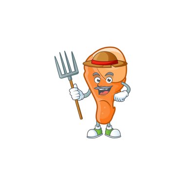 Çiftçi karakterli maskotlu tavuk budu çizgi filmi.