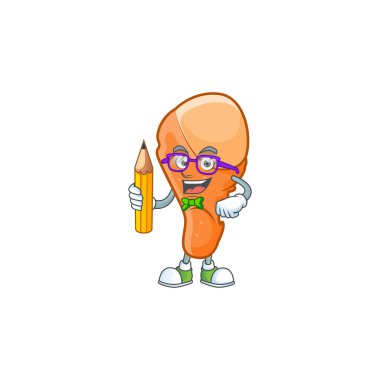Tavuk budu karikatüründe elinde kalem tutan maskot öğrenci.