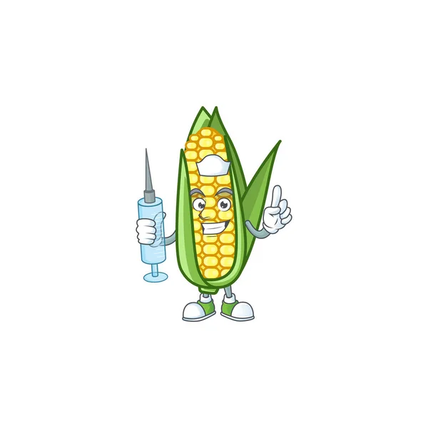 Dibujos animados de maíz crudo con el personaje de enfermera — Archivo Imágenes Vectoriales