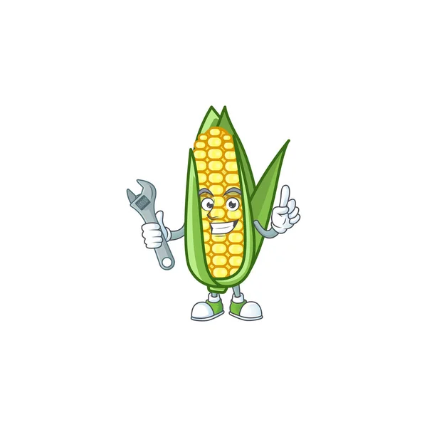 Lindo maíz con el personaje mecánico de dibujos animados — Archivo Imágenes Vectoriales