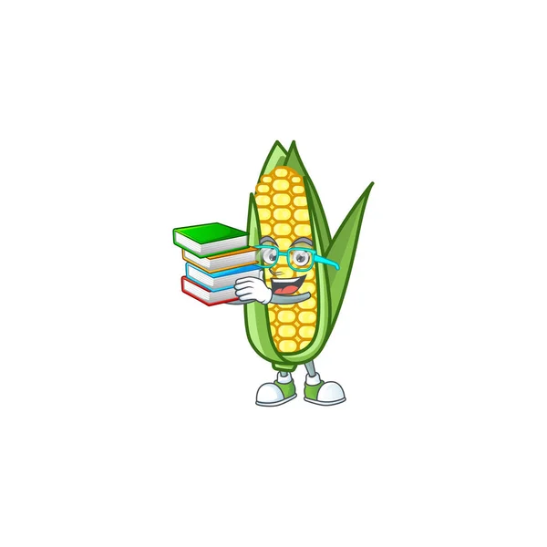 Симпатичный кукурузник с персонажем мультфильма студент принес книгу — стоковый вектор