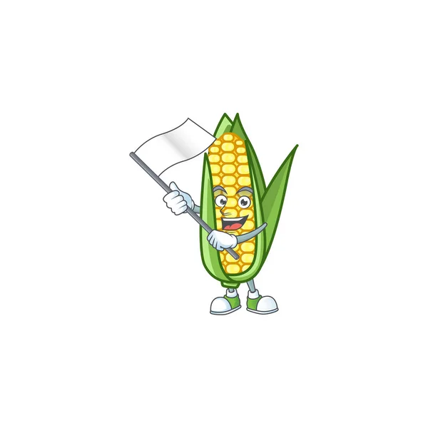 Симпатичную кукурузу с персонажем мультфильма приносят флажком — стоковый вектор